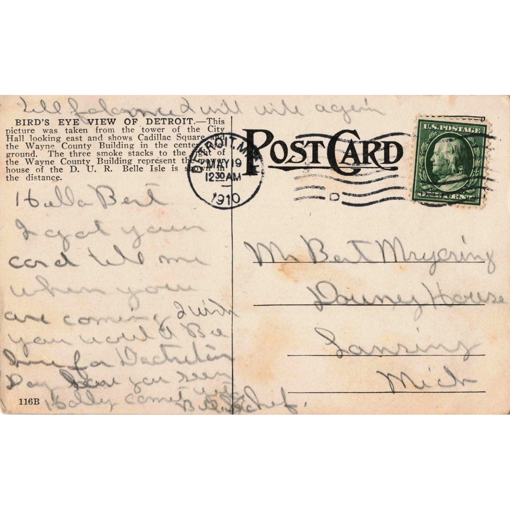 Vintage 1910 Bird's-eye View Detroit Michigan City Hall Tower Postcard VG - Picture 2 of 2